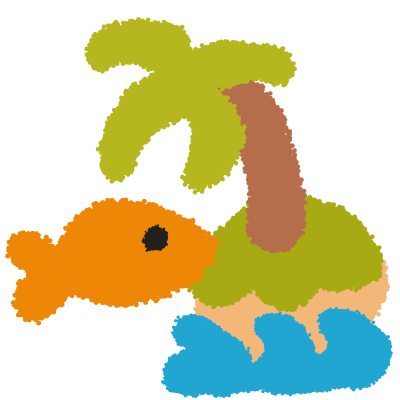 a simple orange fish next to a simple, cartoony island with a palm tree and some blue waves